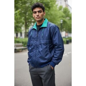 Men's Navy Windbreaker Jacket with Teal Collar
